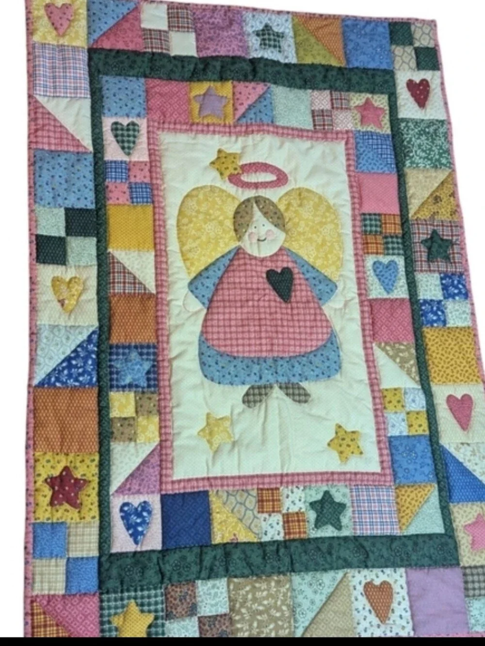 Country Nursery Sweet puffy Patchwork Angel/Hearts/Stars Crib Quilt Multicolor